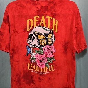 Red Graphic T-Shirt with Skull and Butterfly Design